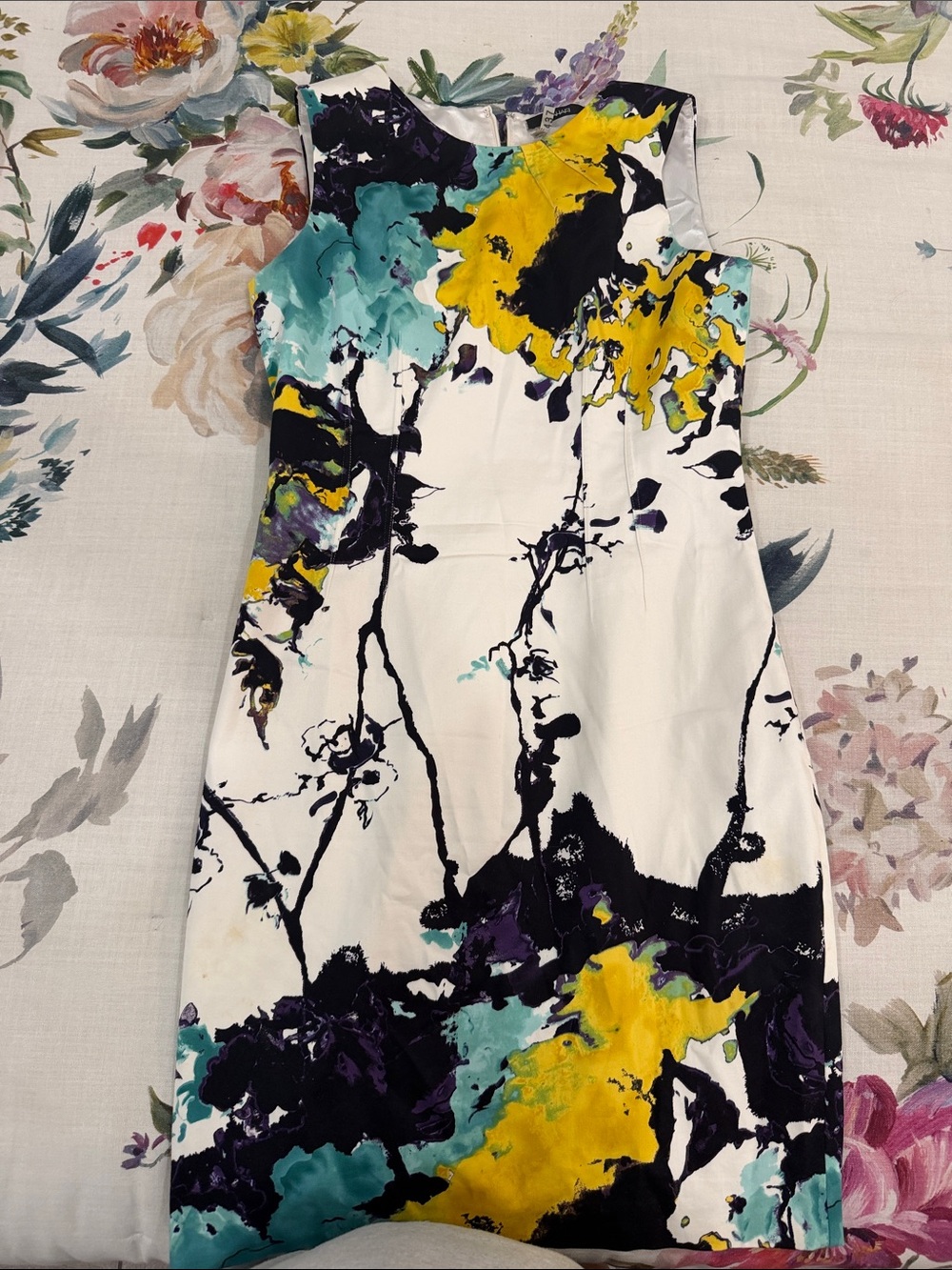 Tahari White Shift Dress with Yellow, Teal and Black Abstract Print